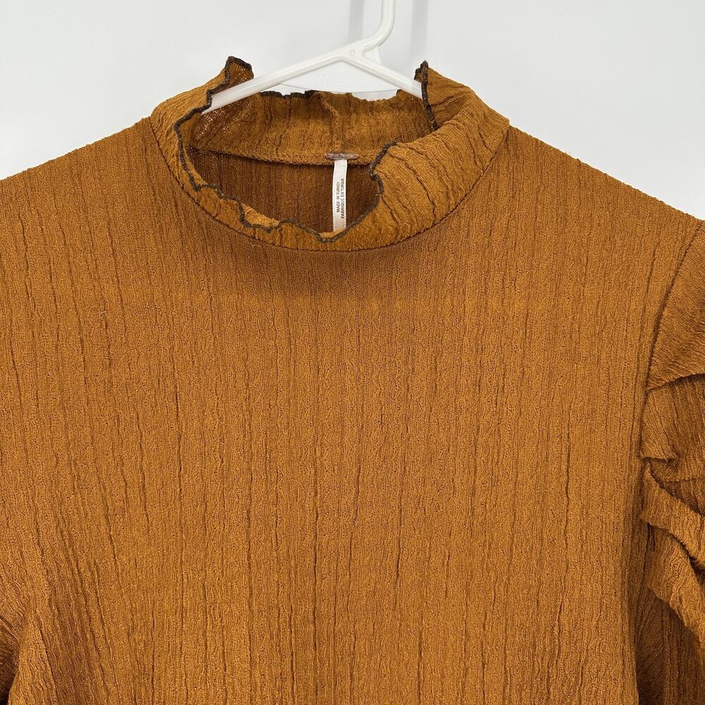 Free People Sweater Womens Large Brown Textured Puff Sleeve High Neck Boho Top - Picture 3 of 14